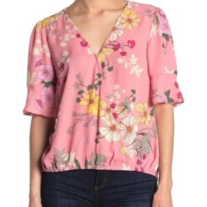 Pink Floral Wrap Blouse with 3/4 Sleeves